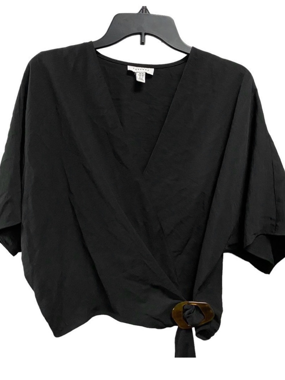 Topshop women's US 10 Faux Wrap Blouse in True Black Batwing Sleeve Top